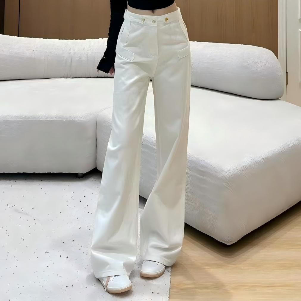 轻奢气质红白双色阔腿牛仔裤女南油重工侧扣腰头高腰遮胯显瘦长裤