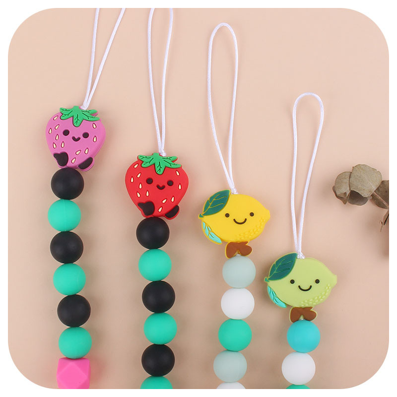 Nueva creativo de calidad alimentaria silicona fruta fresa limón mordedor cuentas DIY bebé mordedor palo pezón anti-gota cadena