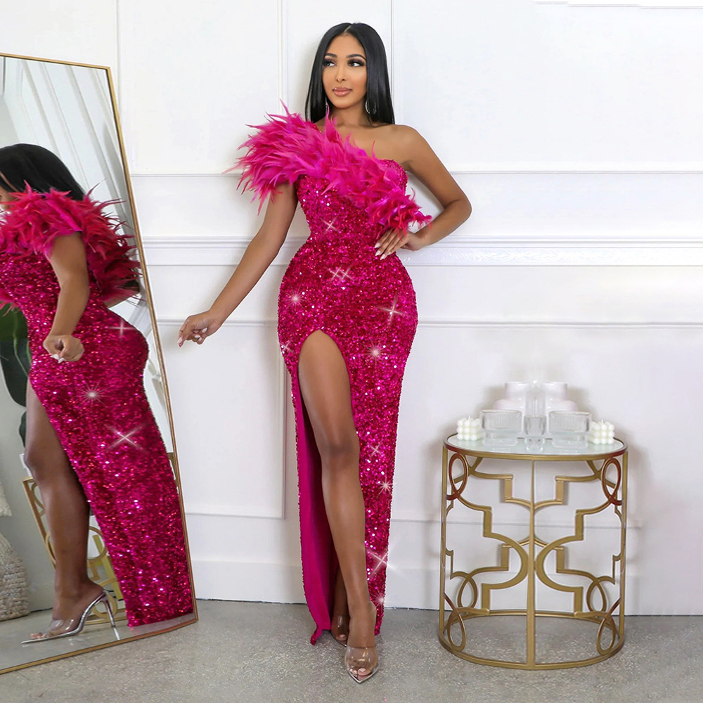 Women's Clothing women's summer sexy fashion feather oblique collar banquet dress skirt sequin slit long skirt_voghion.com
