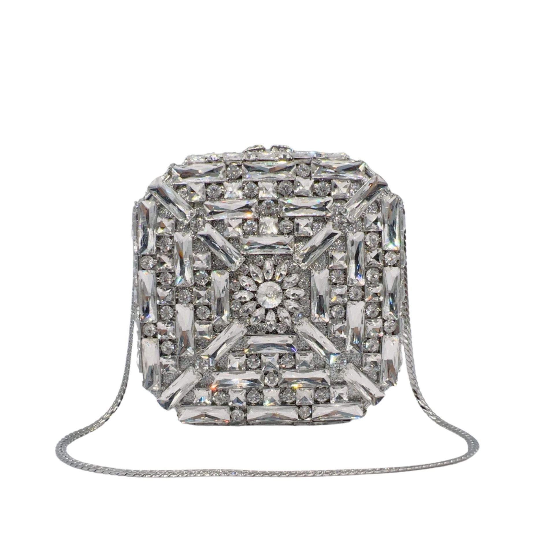 Túi clutch dạ tiệc hộp vuông nhỏ đính đá lấp lánh — Hoa violet, Màu hồng, Màu bạc, Màu xanh ngọc chi tiết 10