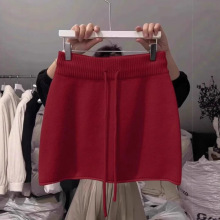 2025年韩系垂感抽绳高腰a字针织裙短女秋季百搭半裙气质包臀裙ins