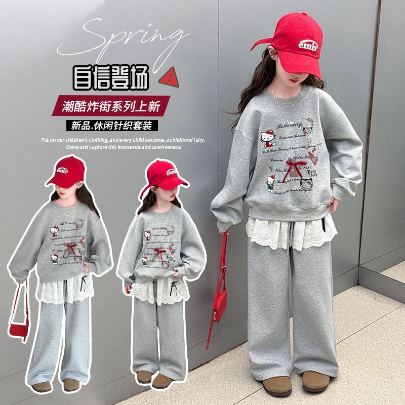 女童套装2025春季新款儿童洋气卡通猫咪韩版小女孩韩版卫衣两件套|undefined