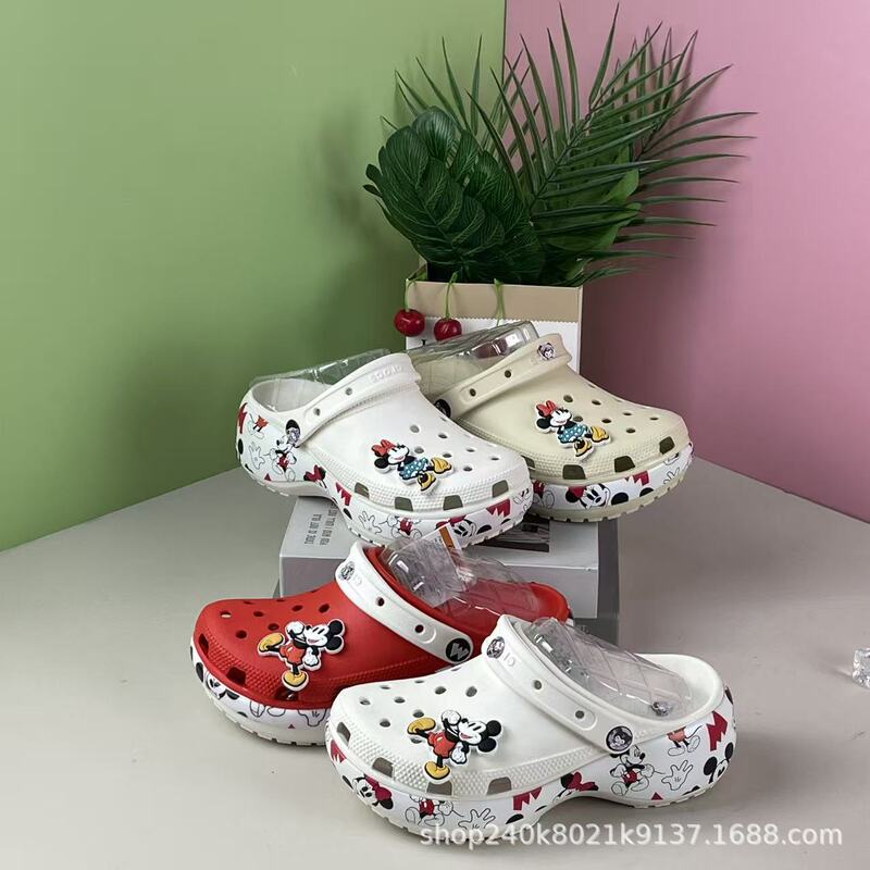 Kajia Mickey Cloud Croc Shoes Women's New Baotou Slippers Thick-Soled Platform Original Beach Shoes with Shoe Flowers