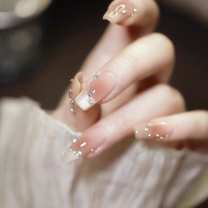 Purely Handmade Wearable Nails with a Transparent Feel, Sparkling Diamond Nail Art, Sweet Tea Blush, Ceramic Cat Eye French Nail Stickers