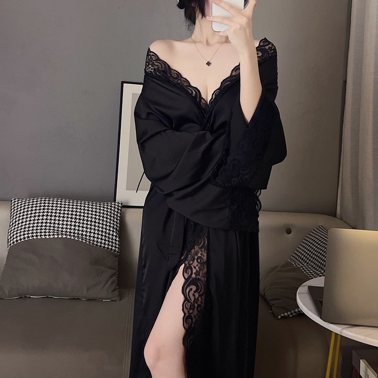Ice Silk Pajamas, Feminine Nightgown, Long Spring and Autum Long-Sleeved Thin Lace Pure Lust Style Dressing Gown, Bathrobe, Home Wear