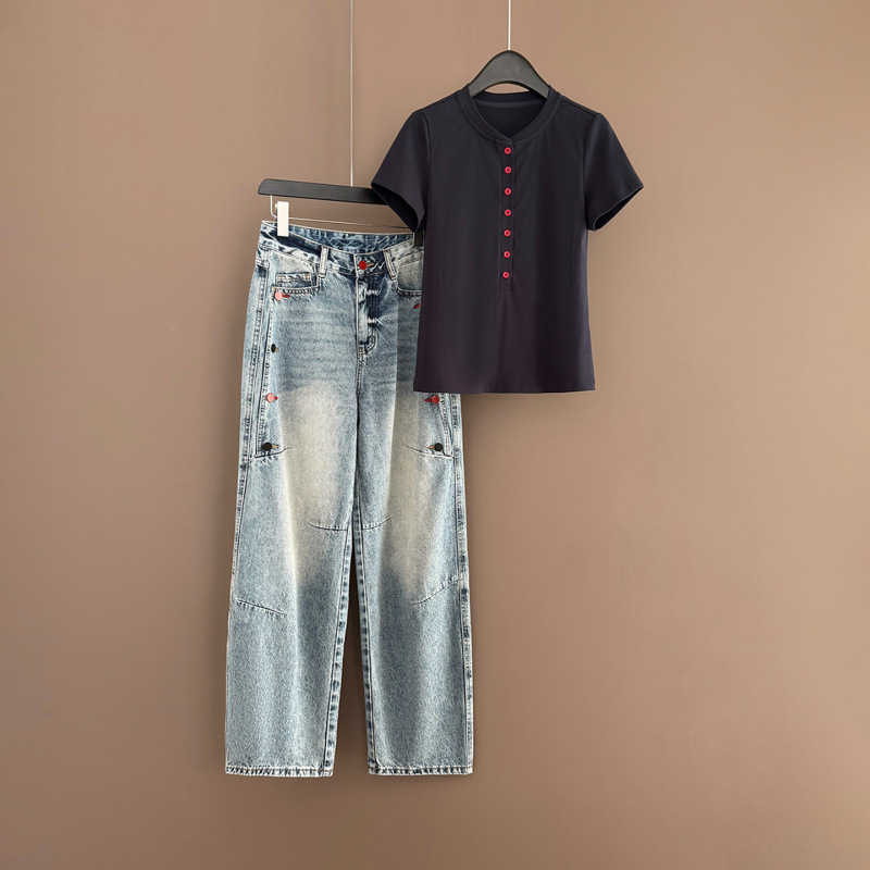 Fashionable Casual High-Waisted Scimitar Jeans for Women, 2026 Summer Thin Style, Chinese-Style Colorful Button Short Skirt, T-Shirt, Wide-Leg Pants Set