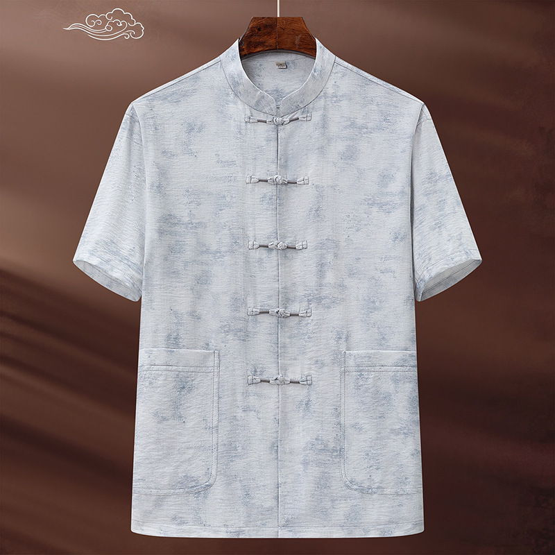 Men's Chinese Tang Suit Short Sleeve Stand Collar Folding Button Landscape Print Breathable Skin-Friendly Middle-Aged and Elderly Morning Exercise Wear