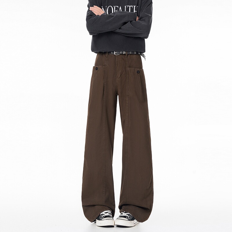 American Retro Brown Colorblock Flared Cargo Pants Men's Fall Streetwear Loose Slimming Straight Casual Trousers
