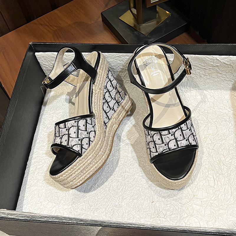 11CM超高跟鞋坡跟凉鞋防水台厚底一字扣带麻编织鱼嘴鞋内增高女鞋