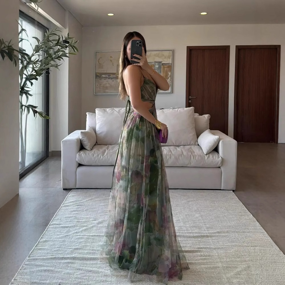 2025 국경 유럽 및 미국 봄과 여름 새로운 메쉬 인쇄 슬링 원피스 INS 휴가 레저 파티 원피스
