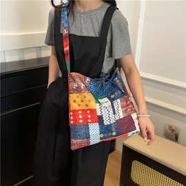 2025春夏新款大容量双面牛仔民族风拼布包波西米亚单肩斜挎包双面