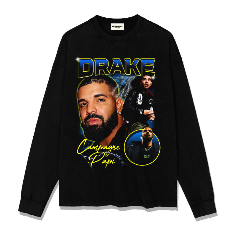 Drake hip hop rap americano estilo callejero estampado retro hace viejo lavado pesado suelto manga corta