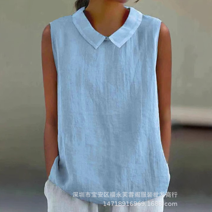In Stock Aliexpress Independent Station Wish Hot Selling New Loose Lapel Shirt Women's Sleeveless Cotton Top