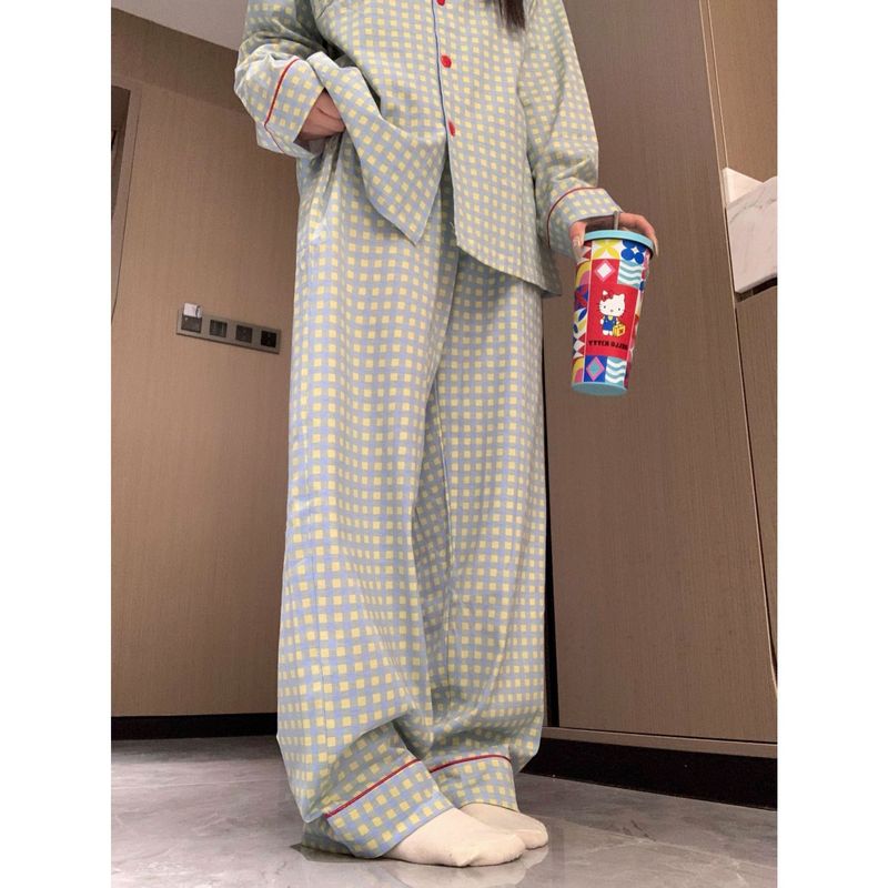 韩版格子公主风睡衣女春秋季长袖套装可爱跨境家居服高级感可外穿|undefined