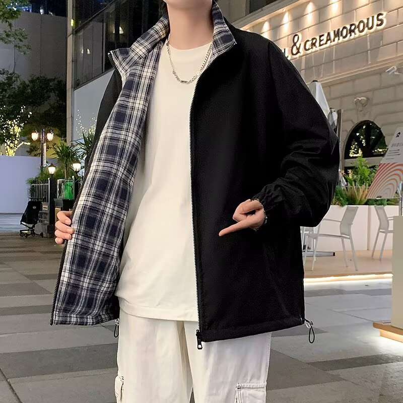 플레이드 양면 착용 봄과 가을 더피 잘생긴 재킷 남자 수직 칼라 라이트 플레이트 양면 재킷 캐주얼 트렌디 커플 재킷