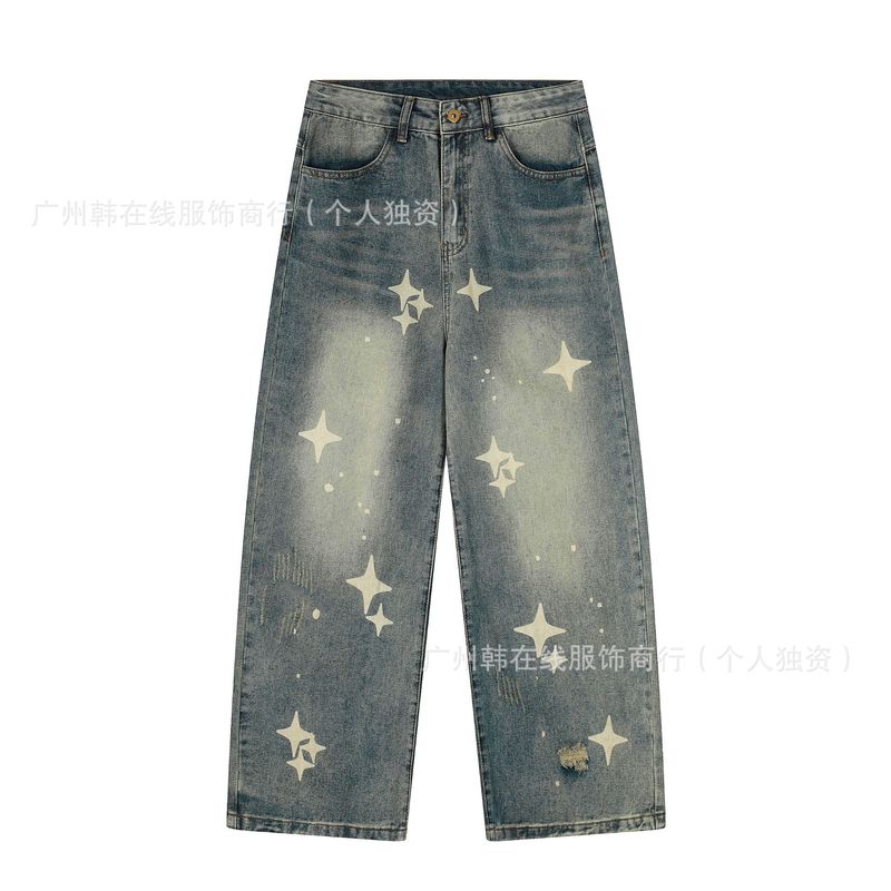 复古休闲牛仔裤2025秋季新款潮宽松阔腿拖地长裤印花星星男女同款|undefined