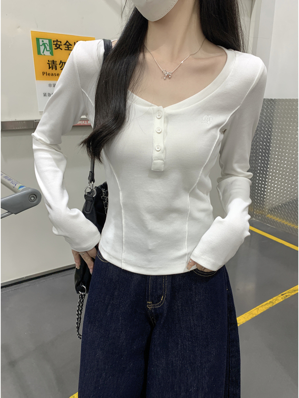 鱼骨显瘦设计感长袖T恤女秋季2025新款收腰百搭简约网红套头上衣|undefined