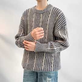 韩系高级感拼色竖条纹圆领针织衫男女宽松秋冬季复古情侣加厚毛衣