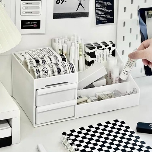 Drawer-style cosmetic storage box, dormitory desk, skincare products, desktop, vanity mirror, face masks, lipsticks, storage rack, stationery