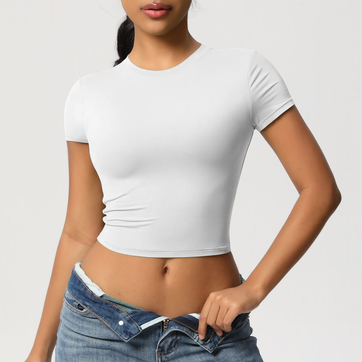 Comercio exterior Europa y América camiseta de mangas cortas mujeres 2026 verano nuevo tamaño grande Crop Top corto chaqueta caliente