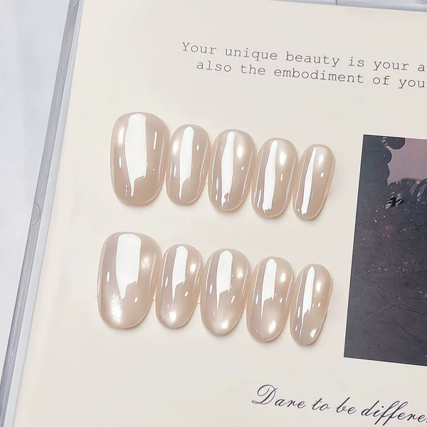 Nude Color Xu Yan Style Milky White Electroplated Small Bulb Medium-Length High-End Aurora Cat Eye Handmade Nail Art Finished Product