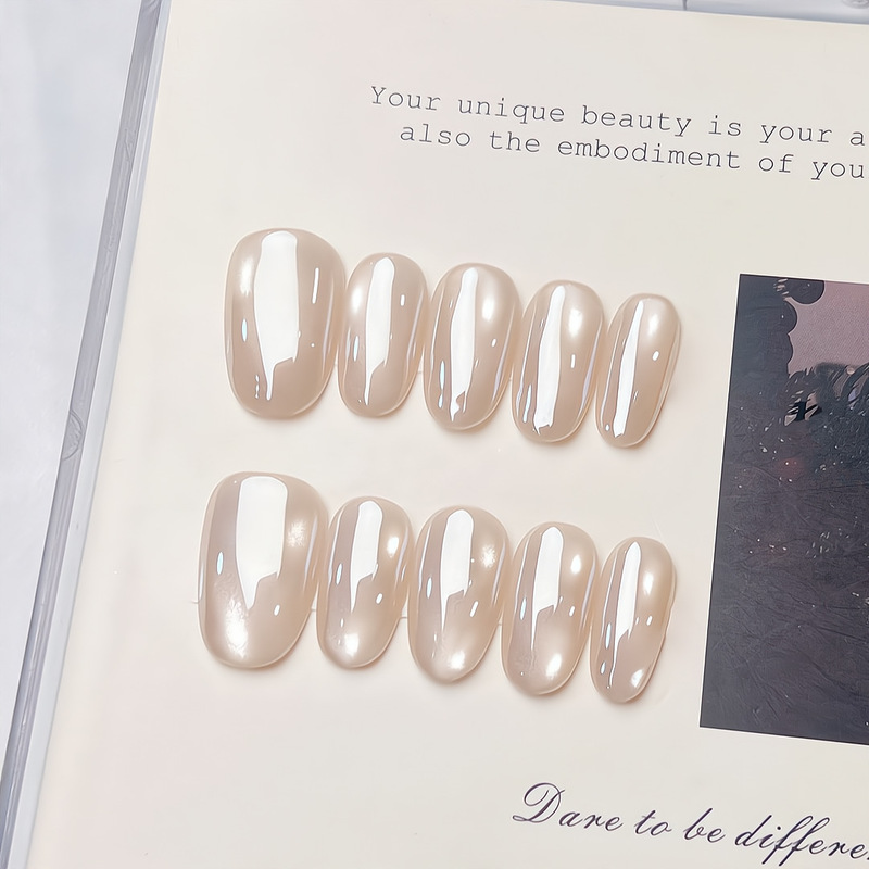 Nude Color Xu Yan Style Milky White Electroplated Small Bulb Medium-Length High-End Aurora Cat Eye Handmade Nail Art Finished Product Nude Color Xu Yan Style Milky White Electroplated Small Bulb Medium-Length High-End Aurora Cat Eye Handmade Nail Art Finished Product