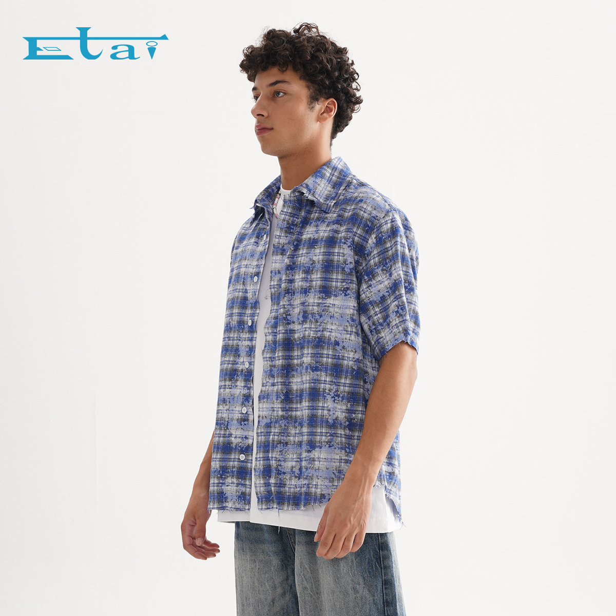 ETAI Hombre| Casual azul retro camisa a cuadros suelta sucia camisa de hombre de manga corta