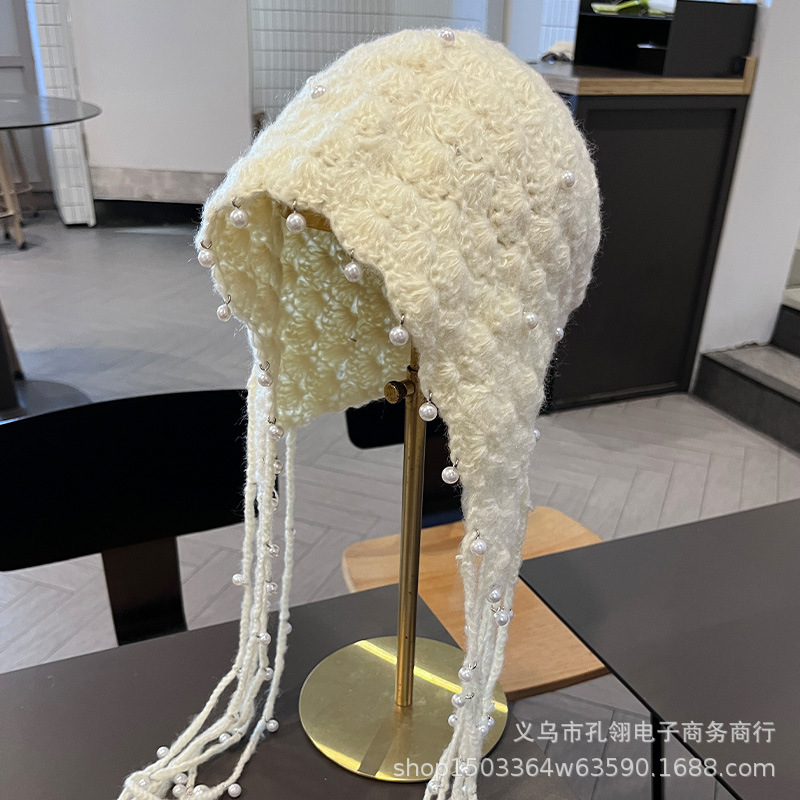 红色帽子女款2025新款民族风钉珠流苏护耳帽加厚保暖显脸小套头帽|undefined