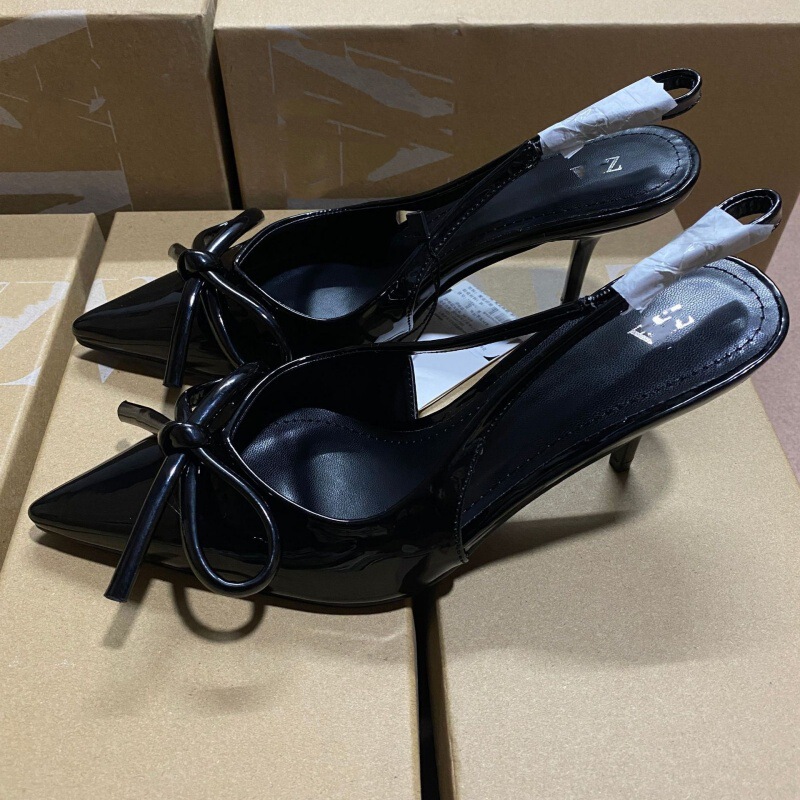 Za2025 Spring New Patent Leather Bow Decorated Fashionable High-Heeled Mule Shoes with Empty Back Toe Sandals for Women