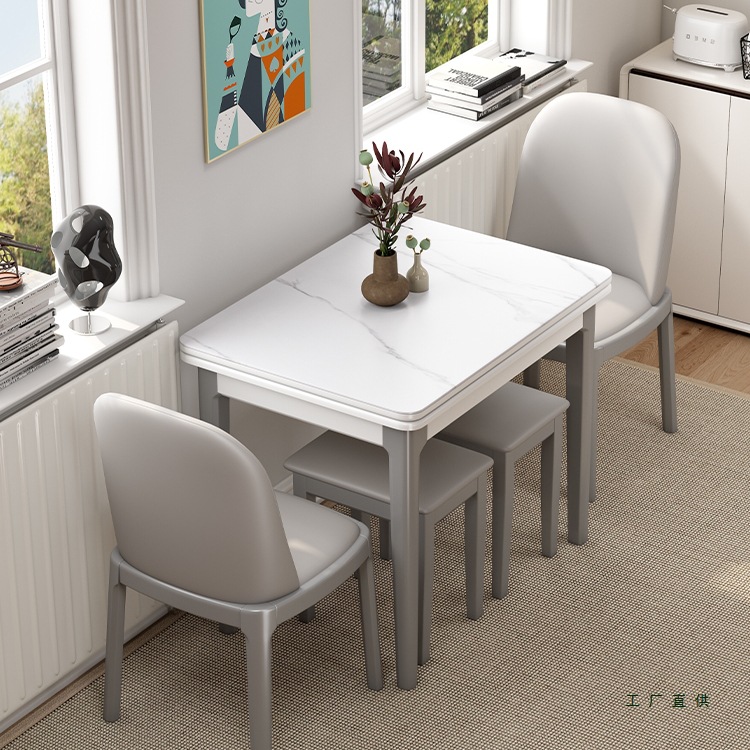 Slate Folding Dining Table for Home Small Apartment Solid Wood Retractable Modern Simple Light Luxury Table and Chair Combination Gray Dining Table