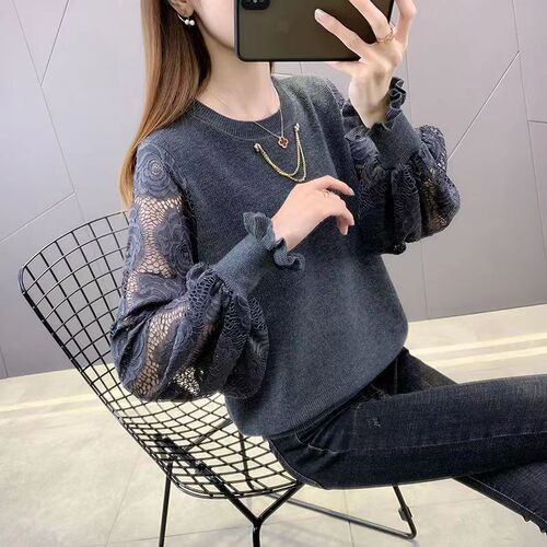 Spring New Arrival Round-Neck Pullover Hollow-Out Sweater for Women, Loose-Fitting Lace Fashion Top, Knitted Base Layer Shirt for Outwear