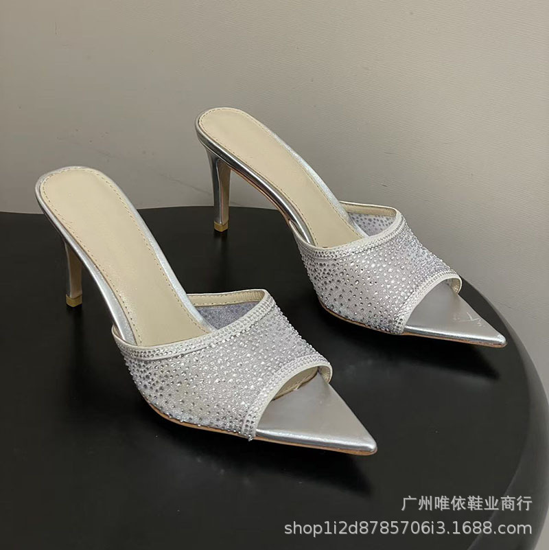 Sexy fashionable high heels pointed-toe with rhinestones, mesh breathable sandals stiletto heels, mule, spring 2026 collection