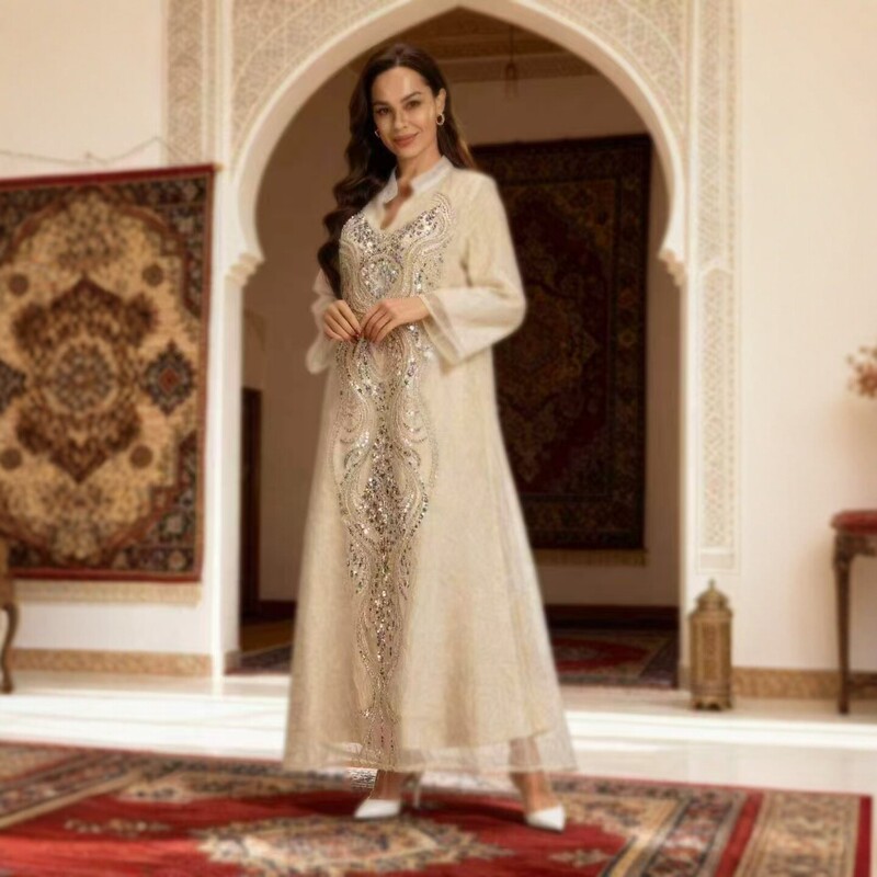 Foreign trade V-neck embroidered long gown dress, elegant evening dress, women's embroidered long dress in six colors Foreign trade V-neck embroidered long gown dress, elegant evening dress, women's embroidered long dress in six colors