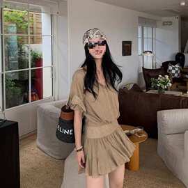 女装衬衫连衣裙2026夏季新款假两件拼接短袖衬衫百褶短裙港风纯色