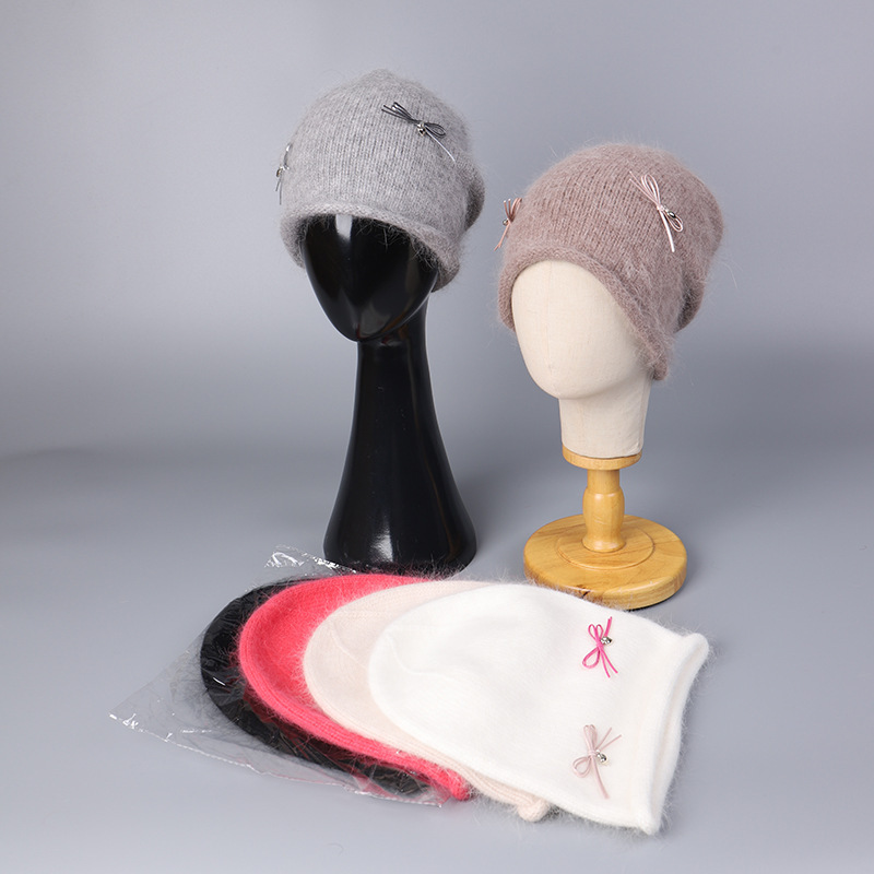 厚实安哥拉兔毛针织堆堆帽女冬季保暖甜美蝴蝶结女团风针织帽|undefined