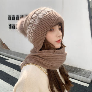 New Winter Hat and Scarf Integrated Women's Warm Rabbit Fur Knitted Cycling Ear Protecting fleece-lined Cute Cold-proof Neck Wap