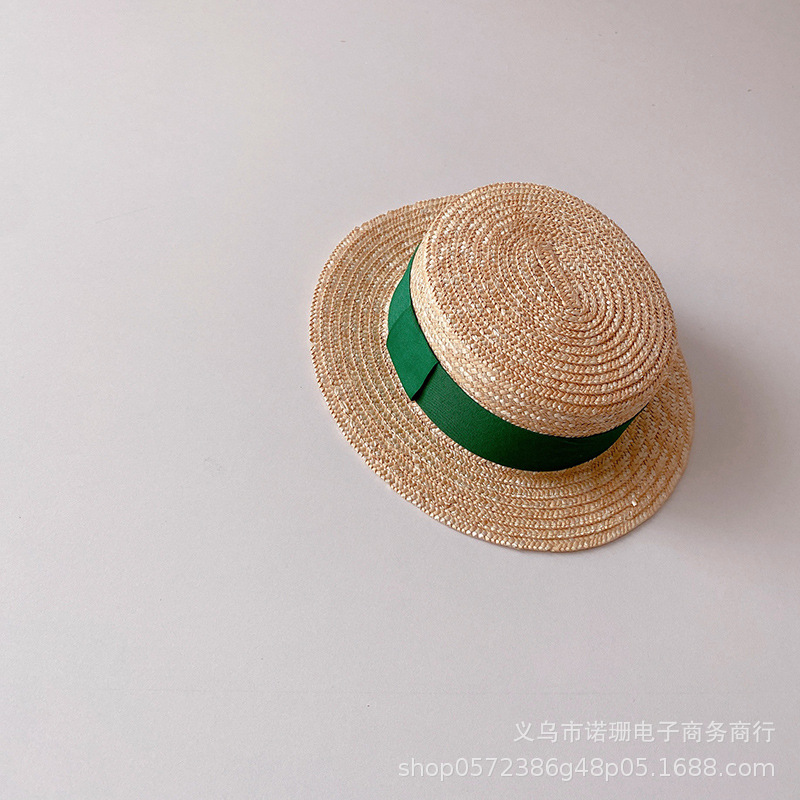Sombrero de paja de trigo plano para niños, estilo coreano, para playa, ala ancha, protección solar, moda