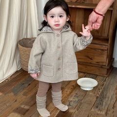 女童外套秋冬季2025新款韩版儿童宝宝经典款百搭休闲毛呢立帽大衣