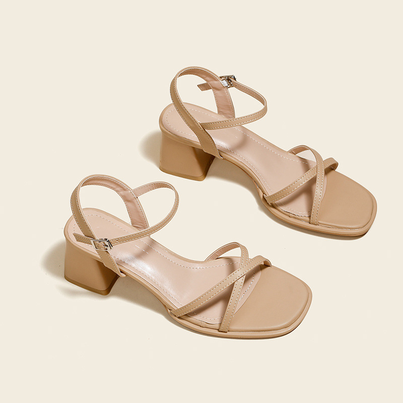 Lambskin Thick Heel Sandals for Women with Summer New Korean Style Small Fresh and Simple Cross Strap Square Toe Open Toe Sandals