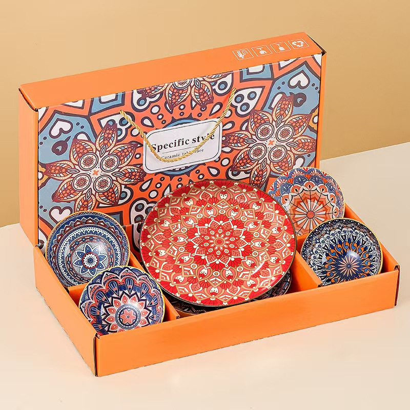 신상 보헤미안 4인 식기 세트 (그릇 4개 + 레드 접시 1개) - 선물 포장