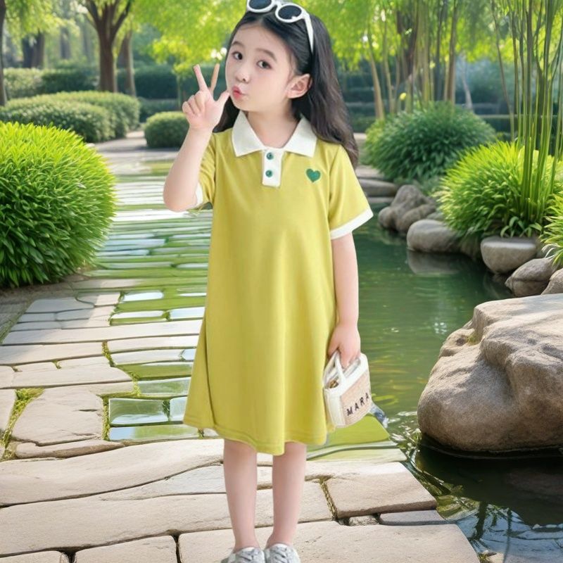 Vestido de collar de niña de verano de chicas extranjeras de color sólido vestido polo nuevo estilo coreano vestido A