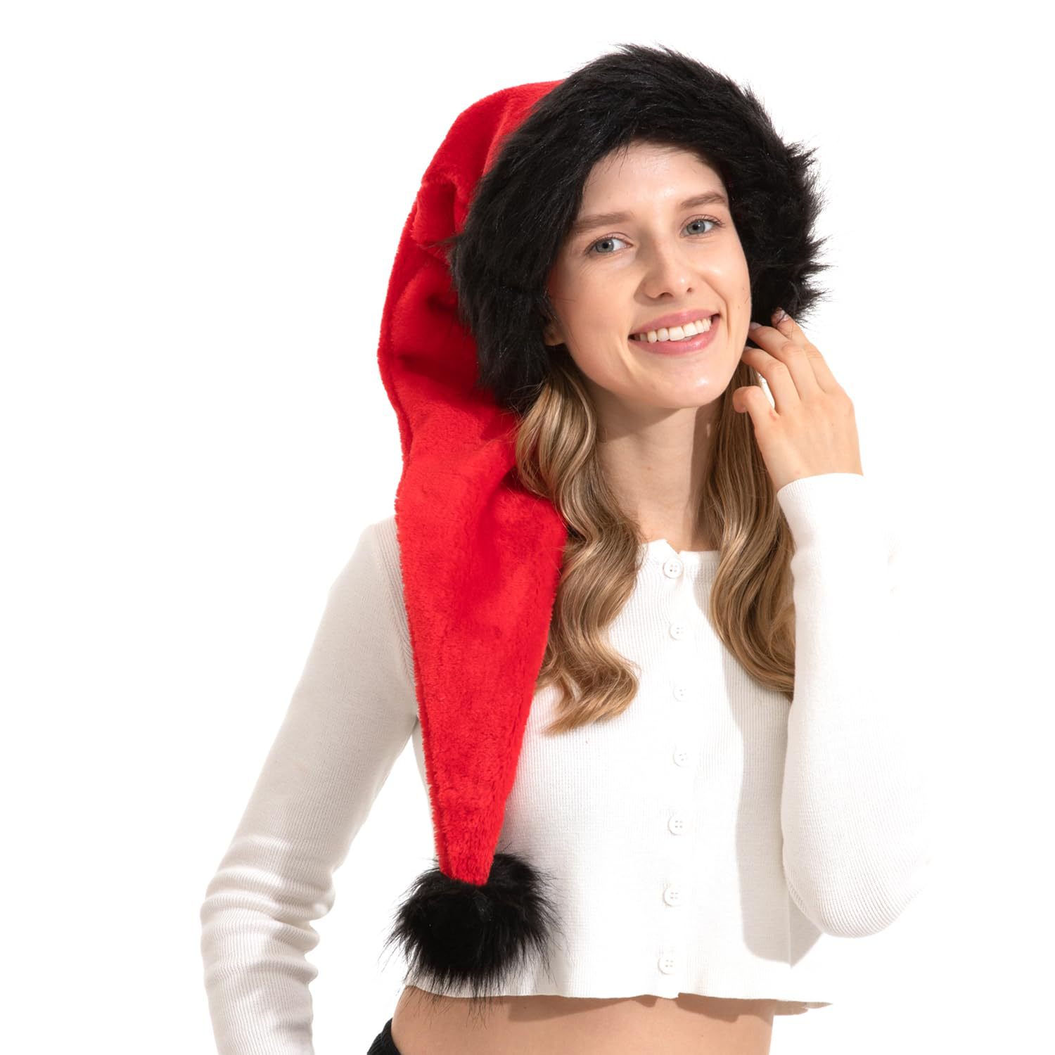 Christmas Long hair Santa hat Red black hat thick adult fluffy hat atmosphere props ornaments_voghion.com