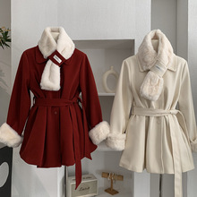 欧玛莱 仿兔毛领单排扣收腰绑带夹棉长袖毛呢外套冬季新款女 5560