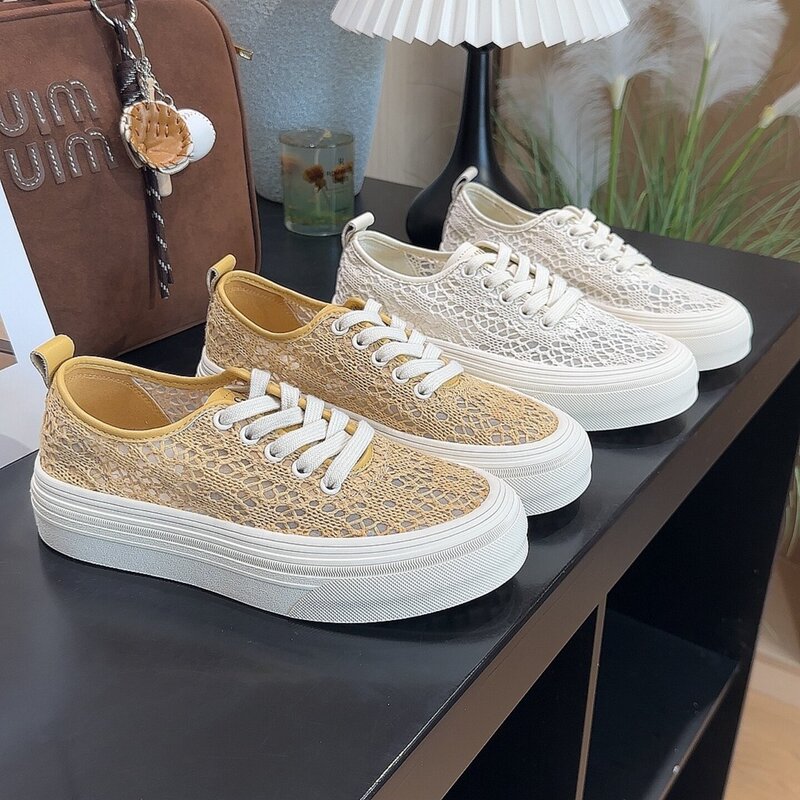 Lace Mesh Breathable Women's Shoes Thick-Soled Sports Casual Sneakers 2026 Summer New Style Hollow Woven Fisherman Shoes for Women Lace Mesh Breathable Women's Shoes Thick-Soled Sports Casual Sneakers 2026 Summer New Style Hollow Woven Fisherman Shoes for Women