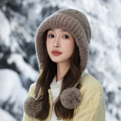 韩版秋冬季帽子女甜美可爱毛球加绒兔毛保暖帽时尚百搭护耳毛线帽