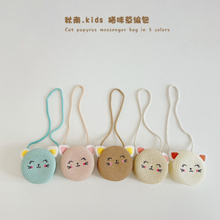 Qiunan Children's Bags 2025 New Style Ins Cute Cat Girls' Baby Straw Handbag Crossbody Bag Wholesale