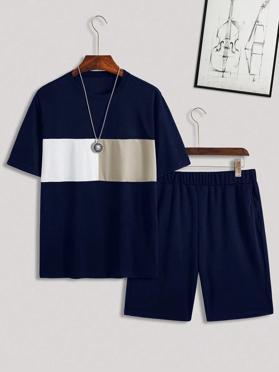 Traje de hombre con estampado digital 3D a rayas en contraste, camiseta, traje deportivo para hombre, cuello redondo, pantalones cortos con cordón de manga corta