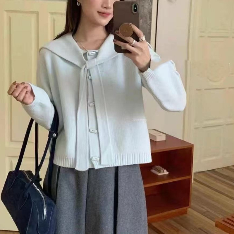 Korean Style Fresh and Sweet Age-Reducing Soft and Comfortable Knitted Cardigan Casual Lace-Up Bow Age-Reducing Navy Collar Sweater