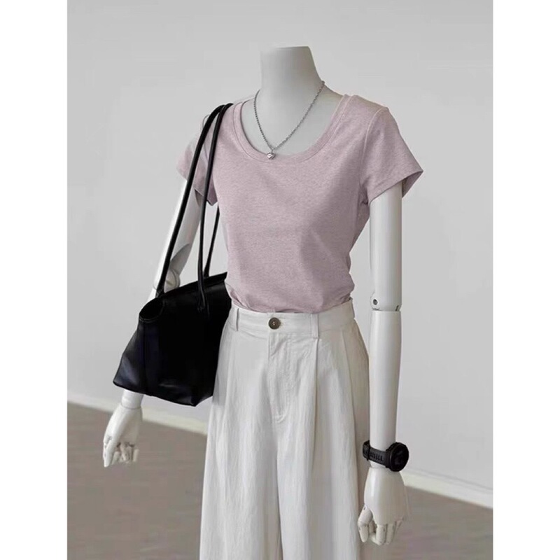 Ice Berry Powder U-Shoulder Collar Slim-Fit Short-Sleeved T-Shirt Women's Summer Design Sense Niche Chic Big Nose Slimming T-Shirt Top Ice Berry Powder U-Shoulder Collar Slim-Fit Short-Sleeved T-Shirt Women's Summer Design Sense Niche Chic Big Nose Slimming T-Shirt Top
