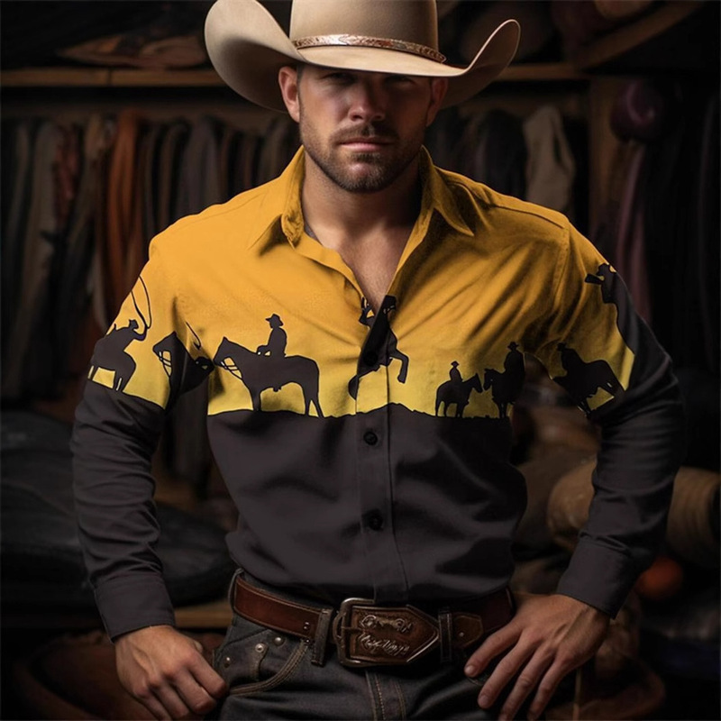 2025 Cross-Border Hot-Selling Exotic Western Cowboy Style Men's Long-Sleeved Lapel Shirt with 3D Digital Printing Factory Direct Sale 2025 Cross-Border Hot-Selling Exotic Western Cowboy Style Men's Long-Sleeved Lapel Shirt with 3D Digital Printing Factory Direct Sale